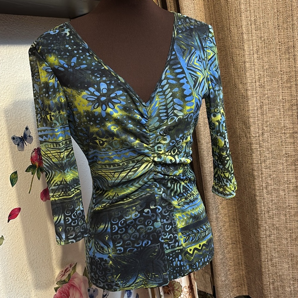 Tribal 3/4 sleeve green and blue ruched semi-sheer fitted blouse. Size Small.